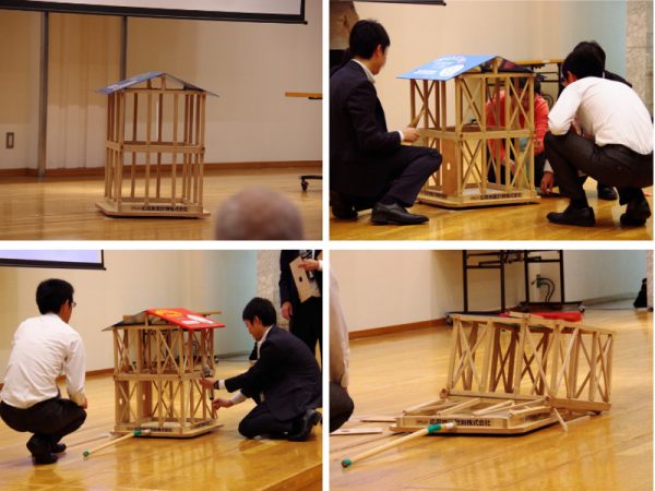 屋根と柱だけの「ピノキオぶるる」（左上）<br>筋交いや耐震壁を入れていく（右上）<br>片方の屋根を重くすると、バランスが変わる（左下）少し揺らしただけで崩れてしまった（右下）