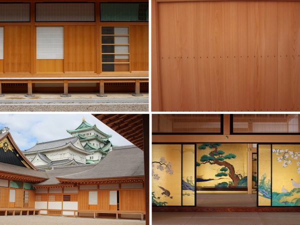 ＜写真左上＞建物の土台となる礎石に柱を乗せるのは、「ひかりつけ」という柱の接着面を石の凹凸に合わせて削る伝統的な工法が施されている＜写真左下＞本丸御殿の外観と天守閣。右側が対面所、左側が上洛殿＜右上＞本丸御殿内の壁。杢目が美しい。「木造なので、木がいっぱいありすぎてあまり見てくれない方が多いかもしれないけれど、ぜひ見て欲しいところです。当時と同じものを造る、良い品質のものを見せるのには、木にも見方があって、それに合わせた集め方をするのが、大変でした。板目、柾目というのもあるし、床の間も杢目柄が切れないようにしています」と吉原さん。ぜひ注目してほしい。＜写真右下＞吉原さんが「杢目が最もきれいに入っている」という表書院の床の間