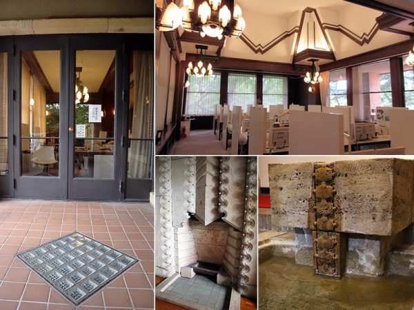 メインダイニングは、建築スタジオとして生まれ変わった（上右）。その下の階に光を通すため、スタジオ入り口の床にガラスブロックがはめ込まれ、採光口となっている（左）。暖炉の周囲に水滴のモチーフが見えるのは防火の願いがこめられているため（下中）。水鉢には、打出の小槌のモチーフがはめ込まれている（下右）。打出の小槌は建物内外のあちこちに見られる