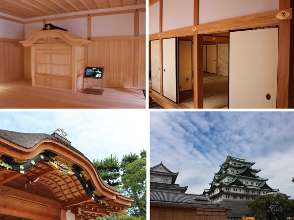 ＜写真左上＞第3期で完成した湯殿書院(ゆどのしょいん)。中央にあるのが将軍専用の浴室(湯殿)。外にある釜で湯を沸かし、その湯気を利用したサウナ式蒸し風呂だった＜写真右上＞清須城にあった家康の宿舎を移築したとも伝わる黒木書院。本丸御殿のほかの部屋が総ヒノキ造りであるのに対し、ここは松を使用。経年変化で黒くなっていくことから名が付けられたとされる。実際、6月の完成時からすでに色合いが変化している＜写真左下＞吉原さんが感動した場所が、玄関のこけら屋根の曲線美。箕甲(みのこ)と呼ばれ、つながってうねりが重なり合っているところが美しいという＜写真右下＞名古屋城の天守閣は鉄骨鉄筋コンクリートで再建されたが、耐震性に対応するため、現在は閉館している