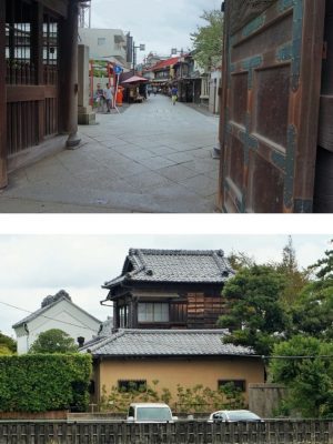 上:帝釈天から参道を望む／下:帝釈天の裏手に見える山本亭の外観