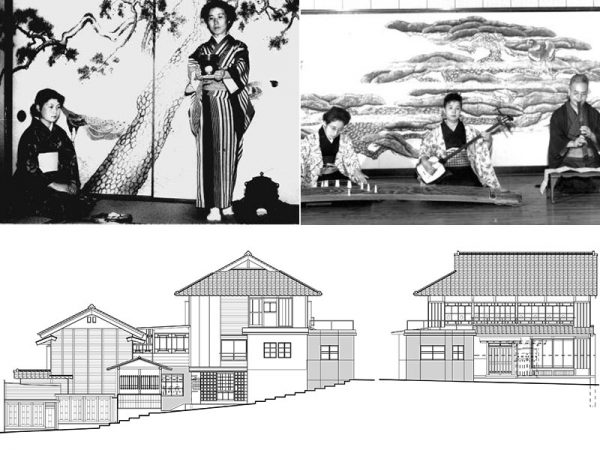 華やかだったころの「寿ゞ家」（写真上）。芸者も出入りし足助一の名料亭としてにぎわっていたという<br>写真下は「寿ゞ家」の断面図。山から川に降りていく斜面に造られているうえに、増築を重ねた結果、複雑な造りになっているのがわかる（写真提供：天野さん）
