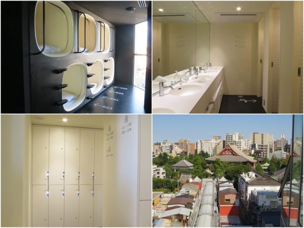 ホテルの中でのくつろぎを提供するのではなく、効率的な身支度・睡眠時間を提供することで、新しい宿泊スタイルを提案するナインアワーズ。右下は階段から撮影した浅草寺の西参道方面の写真。上階の外階段は結構な高さなので、高所恐怖症の人には少し怖いかもしれない。その場合はエレベーターを利用しよう（室内写真はナインアワーズ浅草）