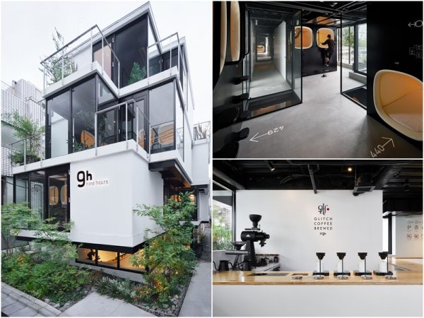 2018年5月に開業したナインアワーズ赤坂。閉鎖的なイメージを持つ従来のカプセルホテルの概念を覆し、外からの視線を遮り安全を保ちつつも、開放的で自然光や周辺の緑を感じることができる明るい空間を実現。1階には宿泊客以外も利用できるハンドドリップ専門のコーヒースタンド「GLITCH COFFEE BREWED@9h」を併設（Photo: Nacasa & Partners）