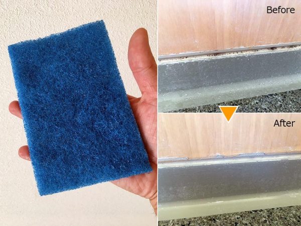 見た目は一般的な不織布のスポンジ。しかし使ってみると強力。システムバスの目地にこびり付いたカビもガリガリ落とす。</br>ただし、削り過ぎには注意が必要
