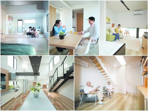 ▲“2025年の暮らし”を想定してつくられた『五世代』の各ユニットと共有スペース。<br />（左上から時計回りに）20代のファミリーユニットは、室内でも運動できるように天井高を高くし、衝撃を和らげるソフトフローリングを採用／40代夫婦のユニットには専用のキッチン・トイレなど独立した水まわりを設置。玄関と壁を新設すれば、このユニットを賃貸として運用したり、サロンやお店を開くこともできる／60代夫婦のユニットはバリアフリー設計。まわりにスロープが設置されており、万一介護が必要になった場合は、車椅子でも外から直接出入りしやすい動線が確保されている／80代高齢夫婦のユニットは、寝室をあえて上の階にして階段昇降の動きを取り入れている。室温はセンサーが管理。トイレの入口にも開閉センサーを設け、トイレの開閉が６時間無かった場合は、他の住人にメールが届く“見守り機能”も備えている