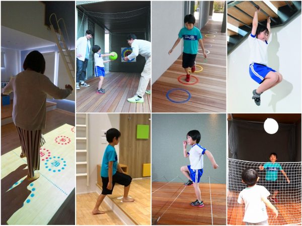 ▲運動プログラムは東京大学大学院・深代千之教授監修によるやる気スイッチグループの『忍者ナイン』から抜粋したもの。高齢者ユニットには『階段昇降』『ぶら下がり運動』など日常生活の中で無理なく取り組めるプログラムが導入されているほか、共有スペース吹抜け階段下の『うんてい』やウッドデッキでの『壁面的当て』など、子どもたちの運動能力を伸ばすプログラムも多数用意。ファミリー世帯のユニットでは、プロジェクターを使って床面に運動プログラムが映し出され、『反復横とび』や『ケンケンパ』などを室内で楽しめるようになっている。「子どもの運動プログラムは全15種類。『足が速くなる』『まっすぐ速く投げる』『上手に打つ』など、上達目的に合わせて運動できるよう設計してあります。家の中にこういうスペースがあれば、友達や家族と一緒に運動を楽しめますし、遊び感覚で運動能力を高めることができると思います」