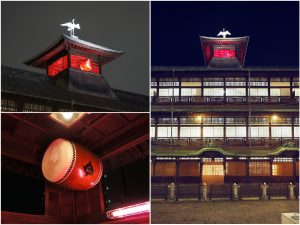 ▲真っ赤なギヤマンガラスをはめ込んだ振鷺閣の『刻太鼓（ときだいこ）』は、今も朝6時・正午・夕方6時の3回打ち鳴らされ刻を告げる。松山市では、今回の保存修理工事費用の一部を賄うために「刻太鼓を鳴らす権利」などクラウドファンディングを実施した（工事期間中は中止）