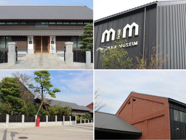 ＜写真左上＞MIZKAN MUSEUMの入口＜写真左下＞敷地の一角にある稲荷まわりは風景として重要な部分であったため、できるだけ既存の樹木を保存、移植して従前の雰囲気を残した</BR>＜写真右上＞金属を使用しつつも、古くからの景観を守っている外壁＜写真右下＞アイキャッチとして再生された煉瓦の壁。 “焼き過ぎ煉瓦”を使用。高温で焼き込むことでグレーの焼きムラができ、独特な表情になっている。表と裏の焼き肌パターンをいろいろ組み合わせて表情を出している