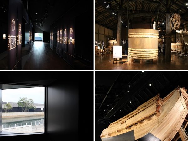 ＜写真左上＞半田市の情景やこれまでの歩みを、写真と音の演出で感じられる「風の回廊」。進んだ最後に大きな窓が＜写真左下＞「風の回廊」の窓から見られる、今の半田運河の風景＜写真右上＞江戸時代の酢づくりの解説や現在の醸造の様子が見られる「大地の蔵」。骨組みに古材が使われている＜写真左下＞「時の蔵」では、江戸時代に活躍していた長さ20ｍの船を再現。甲板の上で半田から江戸に酢を運ぶ映像を見られる