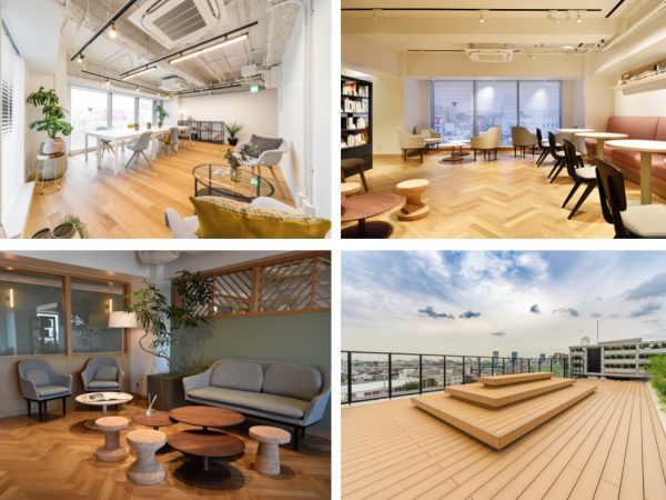 左上：オフィス使用例、右上と左下：ラウンジ、右下：スカイテラスはリフレッシュ空間であるとともにパーティなどで入居者同士の交流にも使える