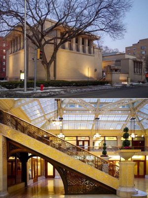 （上）プロテスタント系の教会「ユニティ・テンプル」。「内部は大きな空間を高低差で分割し、つながっていながら分かれているように感じられて、いかにもライトらしい」（倉方さん）（下）高層ビルの原型と言われる「ルッカリー・ビル」（1886年）のロビーを、1905年にライトが改修。金属の柱を白い大理石で包み、ブロンズのシャンデリアをデザインしている