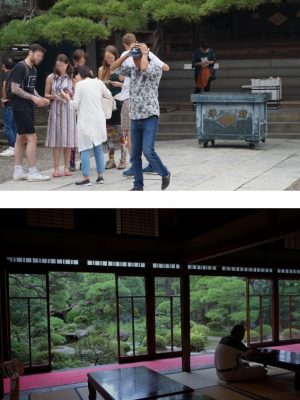 上:帝釈天には多くの外国人客が訪れている。次は山本亭だ／下:建物から見ると庭を額縁のように切り取っていて、それが外国人には新鮮に映る