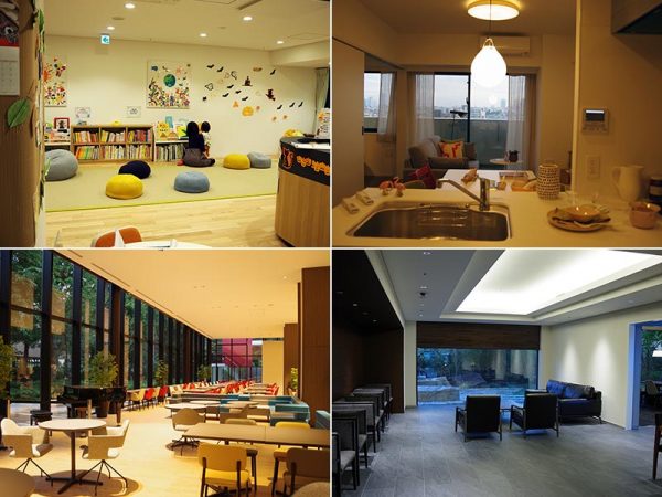 写真左上：リブインラボ2階のキッズルーム　写真左下：リブインラボ1階のコミュニティスペース「えごたいえ」</br>写真右上：サービス付き高齢者向け住宅「グランドマスト江古田の杜」の室内</br>写真右下：プライムメゾン共用のロビーも高級感のある設計