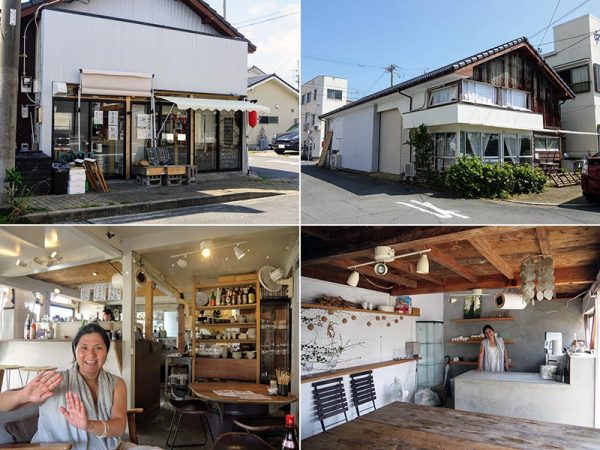 （左上）福江港の近くにある居酒屋「かきごや こんねこんね」。土日祝日の朝は「金木犀」として営業する（右上）「こんねこんね」と同じ建物の反対側に「サヤンテラス」がある（左下）「金木犀」で、店主の瑳山ゆりさん（右下）「サヤンテラス」内部