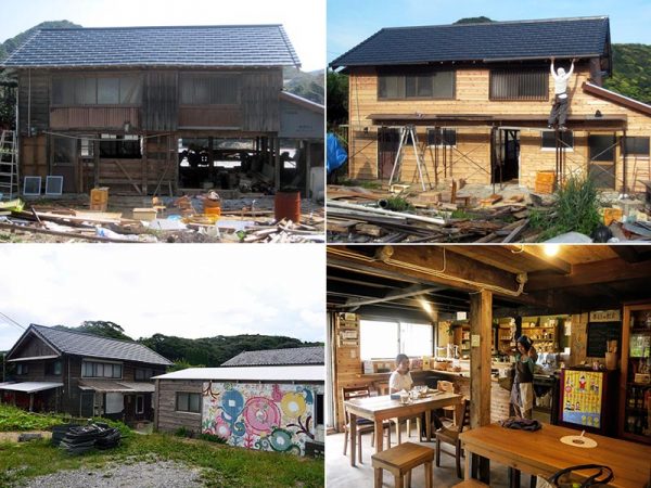 「ねこたまShop&Cafe」。左上が改装前で、右上が改装中の外観。作業する後ろ姿は勝さん。（以上2点写真提供：ねこたまShop&Cafe）左下は改装後の道路側外観、右下は内観。左手にある出入り口から入り江を望むテラスに出られる