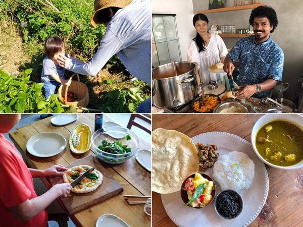 左2点は「畑の日」の様子（写真提供：ねこたまShop&Cafe）右上は現在「サヤンテラス」で営業している「MOKSHA」のLakshmi靖子さんとSajinさん、右下の写真はある日のランチ（写真提供：瑳山ゆり）