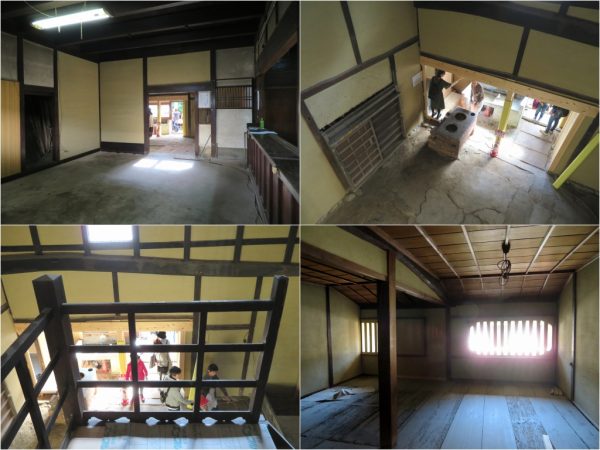 左上から時計回りに入ったところの土間、カウンターが銀行だった頃の様子を伝える。吹き抜け上部からへっついさんのある土間を見下ろしたところ、へっついさんの左右にトイレが設けられる。2階、虫籠窓を内側から見たところ。吹き抜けにある階段上部