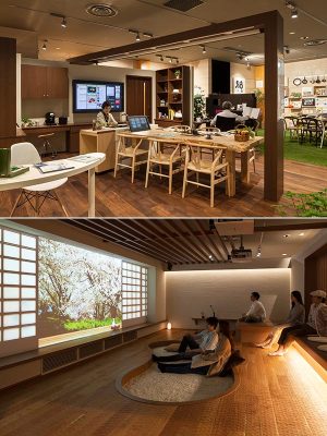 上）大テーブルをはさんで、夫婦が趣味の机を配したダイニング　下）さまざまな“いどころ”を用意した空間（提供：積水ハウス）