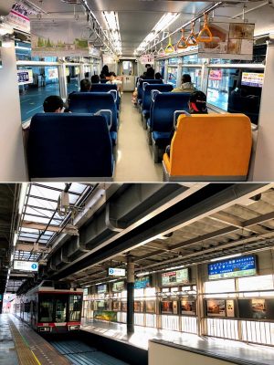 （上）モノレール車内での展示。手前の中吊りに、それぞれの提案が描かれている（下）大船駅構内での展示。降車ホームである右手の壁に7人の提案とプロフィールが掲示された