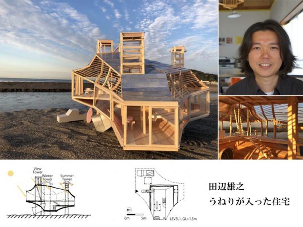 夏の塔と冬の塔、見晴らし塔の３つの塔によって浮かぶ建物。平面図は１階部分で地上1.5ｍの高さにある</br>（元画像提供：田辺雄之建築設計事務所）