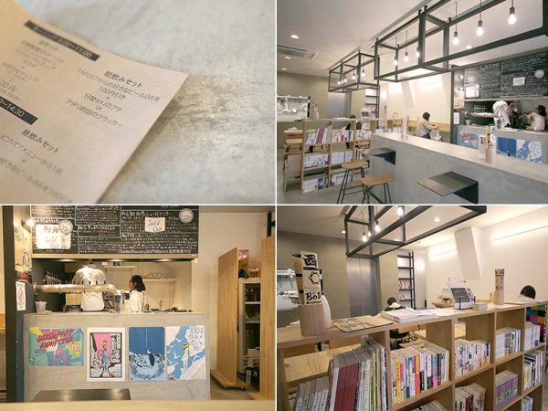 （左上）朝ビールというメニューがあるのが、この場所ならでは。（右上）カウンターから１人席まで幅広い席（左下）受付・ビール提供窓口。ビール銘柄のポスターが貼られている（右下）軽度の障がい者がこの場で内職仕事をしていることもある。様々な用途で活用されている場所なのだ