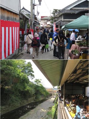 酒蔵通り前の賑わい。左側の奥に見えているのが改修中の旧店舗。下は旧店舗裏手にある石川。蛍の名所という