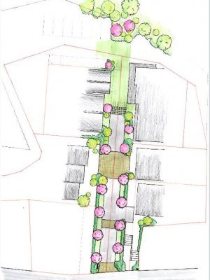 敷地図。中央に広い道路を配し、その左右に建物、駐車場などが作られる。現在竣工しているのは右側の一番奥の建物となり、これから分譲されるのは右側の手前の2棟だ