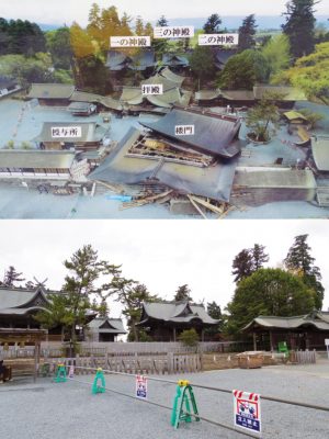 熊本地震で倒壊した阿蘇神社の様子。現在は2022年再建を目標に復旧工事中。上の写真で、崩れた楼門の手前にある通りが横参道。右手に進むと、門前町商店街に続く（写真：山口）