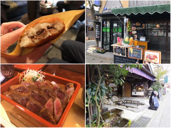 食べ歩きで人気の「馬ロッケ」（左上）と、ランチで人気の「あか牛カツ重」（左下）。信金のATMには「現金自動勘定所」と書いてある。（右上）観光案内所「水の駅阿蘇門前」には水基と足湯ならぬ「あし水」がある（右下）（写真：山口）