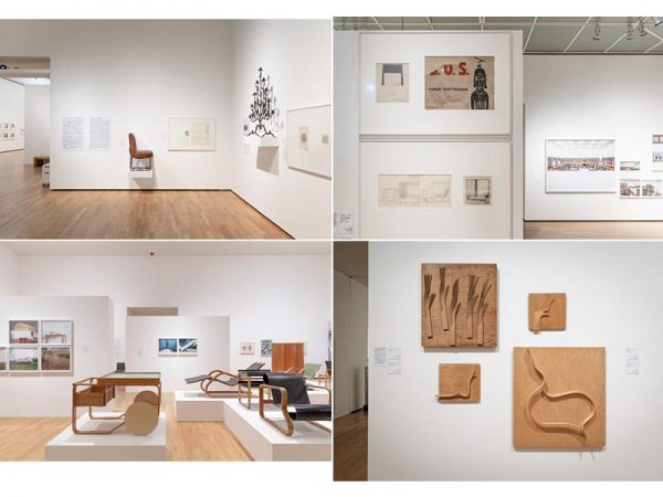 （左上）「選択的親和力」のコーナー。初期の建築作品である「ムーラメの教会」（1926-29）や「トイヴァッカの教会」（内装の改修 1923）の図面やスケッチのほか、椅子や燭台も展示されている（右上）「多感覚的空間」。右奥に見えるカラー写真はアルミン･リンケ撮影の「ヴィープリ（ヴィーボルク）の図書館」（1927-35）（左下）「芸術と生活」から「よりよいものを毎日の生活に」。写真右奥にはアルプの作品も展示されている（右下）アアルト「マテリアル･スタディ（レリーフ）」</br>photo by Petri Artturi Asikainen