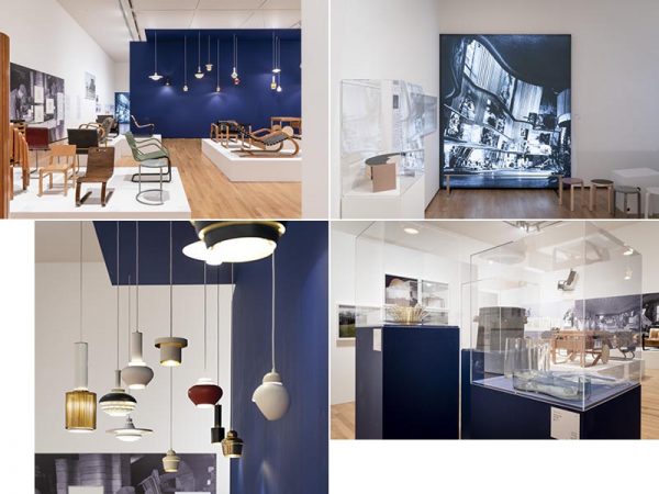 （左上）家具や照明の展示空間（右上）ニューヨーク万国博覧会フィンランド館（1939）の写真。湾曲する壁と照明の演出でオーロラを表現した（左下）ペンダントランプの数々（右下）手前のケースに1937年の「サヴォイ･ベース 9744」、奥のケースに当時のサヴォイ･ベースの木型が展示されている</br>photo by Petri Artturi Asikainen