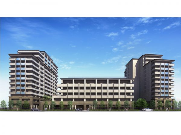 エレガーノ西宮の外観（イメージ）。左右が一般居室、中央が介護居室と共用スペースのある建物となっている