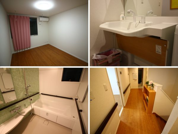 居室の賃料は広さや窓の数、ベランダの有無などによって変わる。写真は6畳の部屋（左上）。多様な障がいに対応できるよう配慮された設計の洗面台（右上）。バリアフリーに設計された風呂場（左下）。階段の反対側に誘導するよう新たに手すりをつけた（右下）