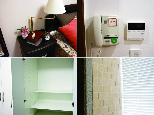 各部屋にはナースコールが設置されている（左上）インターホンには分かりやすく緊急時用のボタンが。<br>また、ちょっとした相談をしたいとき用に「相談」ボタンも（右上）収納は数が多いだけではなく、<br>奥行きもしっかり取ってある（左下）外観は京阪神モダニズムを踏襲し、外壁には多治見で焼いたタイルを使用（右下）