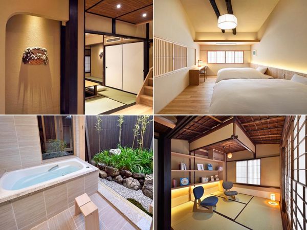 「京の温所 御幸町夷川」。左上）マリアンネ・フオタリのアートピースが飾られた玄関　右上）ゆとりあるベッドルーム　左下）モダンなバスルーム　右下）“飲む”をテーマにした和室（写真提供：ワコール）