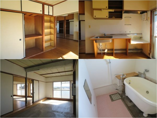 左上から時計回りに現在空室になっている部屋。収納が多く、水回りが広い、日当たりが良いのが印象的だった。左下はコンクリートがむき出しになっている部屋