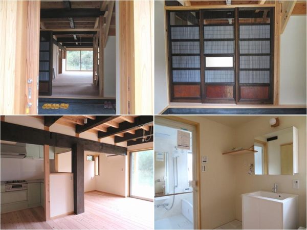 左上から順に広い土間のあるタイプを玄関から見たところ、建具を閉めるとこんな感じ。窓のある水回り。柱、梁に古材を使ったリビング