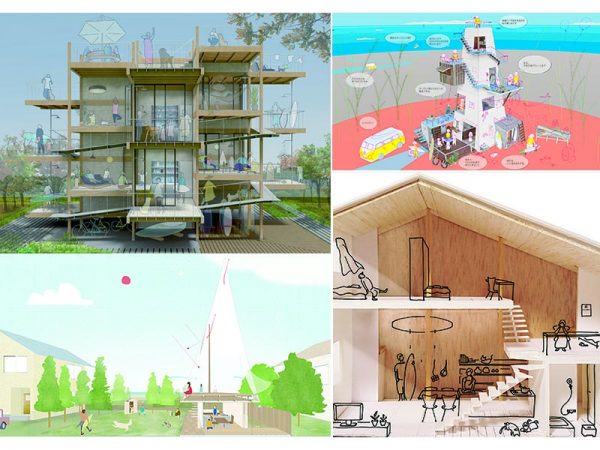 前編で紹介した4つの提案。左上から時計回りに大野力さん「『内』と『外』と『その間』が連なるシェアハウス」、オンデザインパートナーズ「展望屋根の家」、川添善行さんの「地面のある家」、海法圭さんの「大地と空をサーフする」