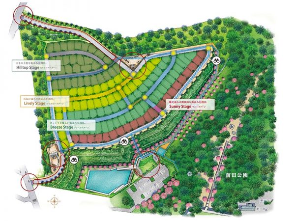『アスムテラス豊田平戸橋』は全122区画。住民の交流の場となるパークを3ヶ所に設けた。<br>区画への出入り口は2ヶ所のみにして居住者・ゲスト以外の通行を減らし、セキュリティを高めている