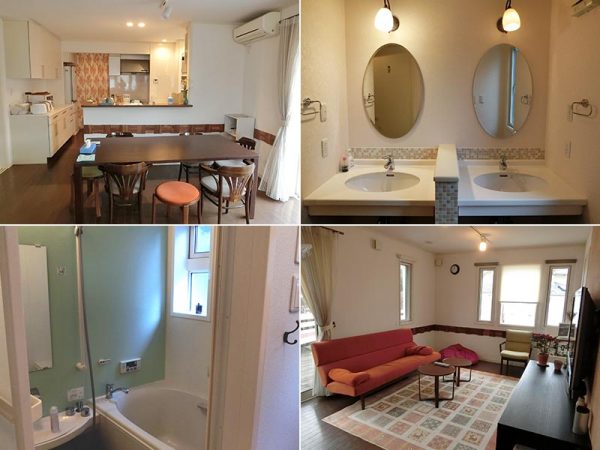 左上から時計回りに、リビングから見たダイニングとキッチン、タイルを施した清潔な洗面台、２面窓で明るい光が差し込むリビングルーム、バスタブ付きのバスルーム