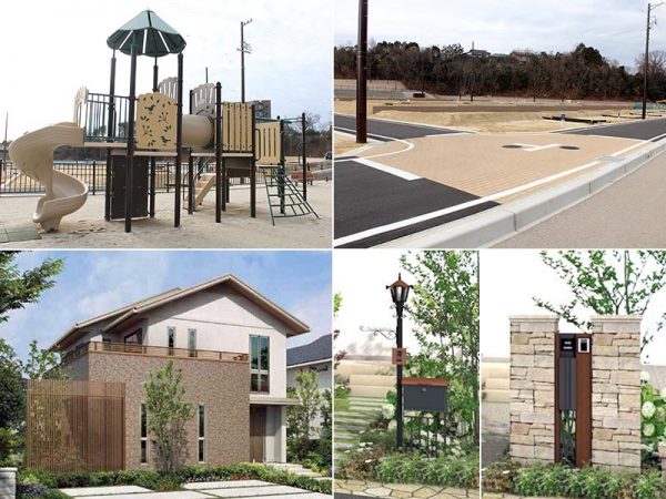 上2点／遊具やまちの設備は自然になじむアースカラー。街区内は交通事故を防止するためすべて丁字路・L字路になっている。<br> 下3点／まちの顔となるエリアは勾配屋根・ナチュラルな外壁に。門柱のデザインは3パターンから選ぶ（写真はイメージ）