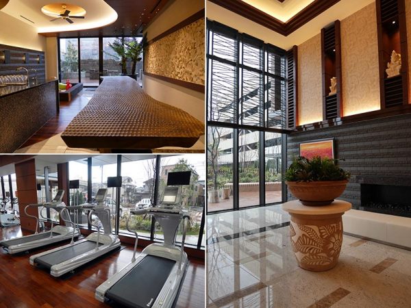 画像左上：1階パーティールーム。奥に見えるのはバーベキューコーナー。ママ友同士のパーティーや友人を招いての集まりなどに利用できそうだ（事前予約が必要）<br>
画像左下：1階フィットネスルーム。ほかにも、1階には大浴場やライブラリー、ラウンジなどの共用施設も<br>
画像右：広々とした1階エントランス。コンシェルジュが午前8時から午後10時まで常勤。クリーニングや宅配便の取次などの対応をしてくれる