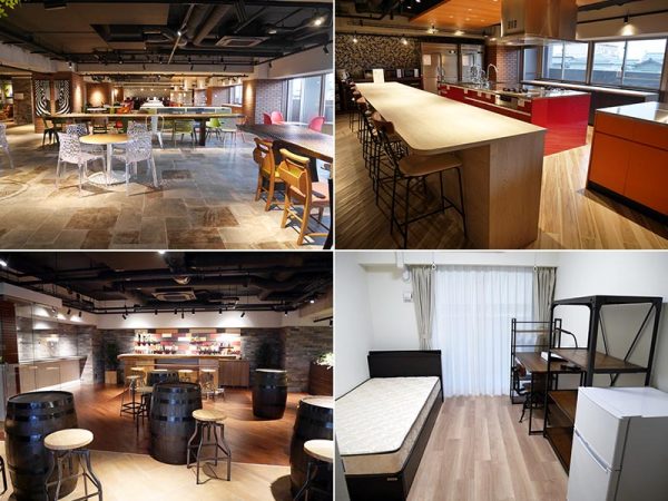 画像左上：2～3階のシェアハウス「D-room Share万代」シェアリビング<br>
画像右上：本格的な料理も楽しめそうなシステムキッチン<br>
画像左下：Barスペース<br>
画像右下：シェアハウスの個室。ベッド、デスク、チェア、冷蔵庫、棚などすぐに生活がはじめられる家具・家電が揃っている