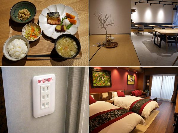 画像上：健康食堂「円居（まどい）」。食材にこだわった料理を提供、地元で採れた野菜の販売もしている<br>
画像下：平時は4階ゲストルームは来客向けの宿泊スペースとして利用されるが、万が一、災害が発生した場合は、負傷した方などの簡易医療拠点となる。緊急時に備えて非常用発電機、衛星電話、AEDなども用意されている