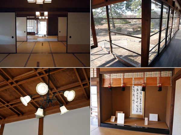 （画像左上）今回は改修しなかった本館１階。（画像右上）明治時代の波打つガラスがそのまま使われているが、建設当時はガラスではなく戸が使われていたようだ。（画像右下）本館２階、天皇ら皇族が宿泊した部屋に残された大正天皇の漢詩。（画像左下）別館大広間に再現されたシャンデリア