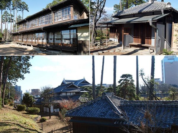 （画像左上）シルエットが美しい本館。（画像右上）本館の西北に佇む茶室。（画像下）敷地内西北角から見た様子。茶室を手前に本館、別館と続く。右上に見えるのは創建時と同じ場所に位置する群馬県庁舎