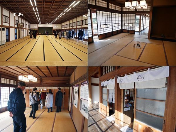 （画像左上）講演会やシンポジウムでの利用もある別館大広間。（画像右上）将棋の竜王戦の対局が行われた本館一の間。（画像右下）別館にある「かふぇ あんきな」。（画像左下）明治天皇や大正天皇らが宿泊した部屋を見学するバスツアー客