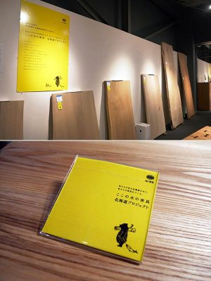 「ここの木の家具」プロジェクトとして、北海道産の木材をふんだんに使ったことを示すパネルやプレート