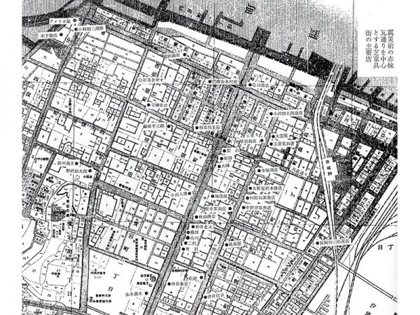 関東大震災前の芝家具店の分布。左上に後述する、あめりか屋がある。資料　東京都芝家具商工業協同組合『芝家具の百年史』1966